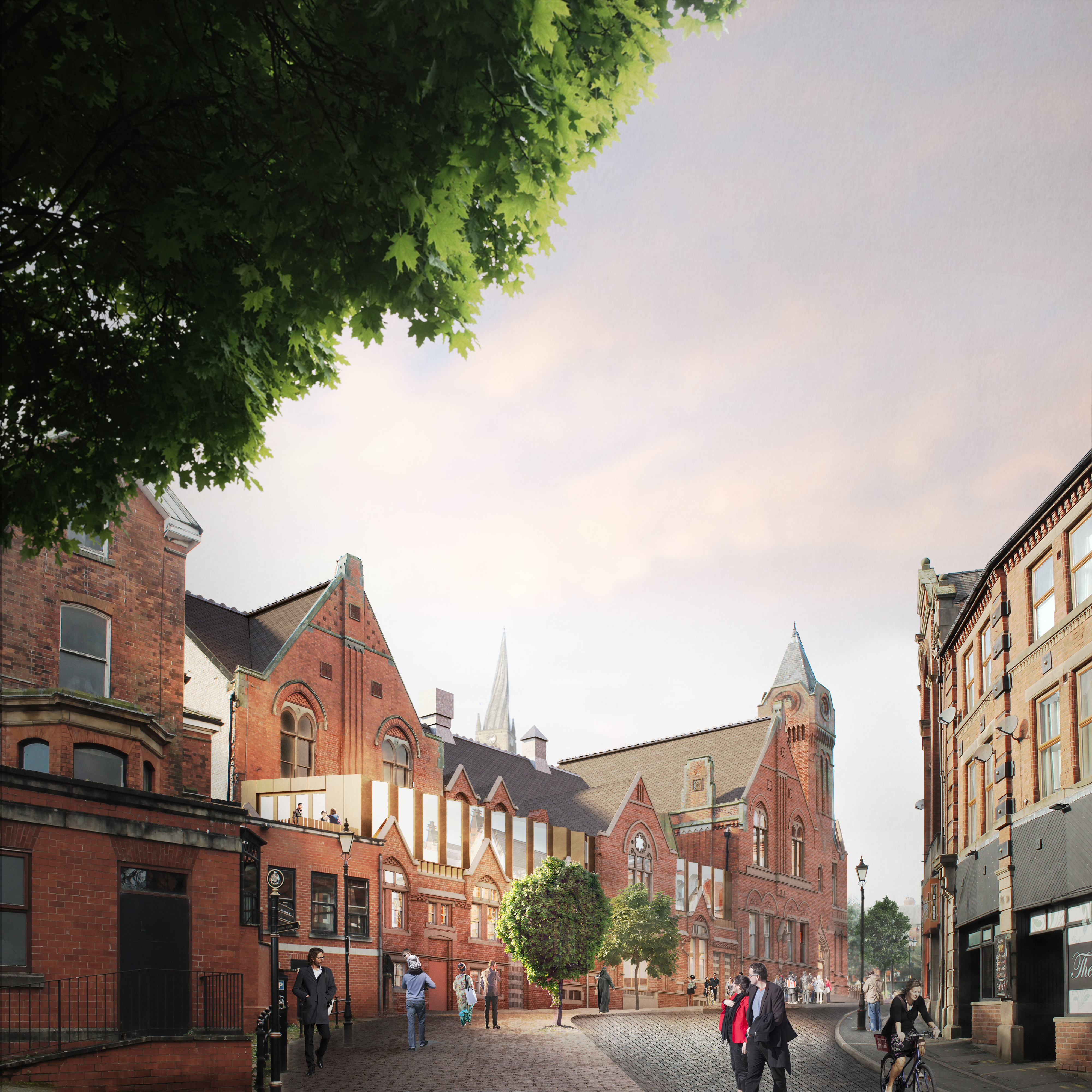 An artists sketch of what the Stephenson Memorial Hall will look like when it is finished. The building is clean and there is a new extension on top with glass windows.