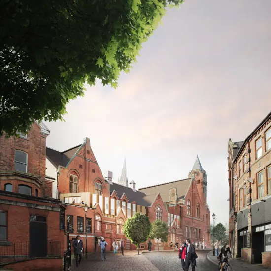 An artists sketch of what the Stephenson Memorial Hall will look like when it is finished. The building is clean and there is a new extension on top with glass windows.