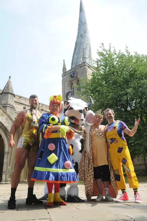 The Jack and the Beanstalk cast outside Chesterfield's Crooked Spire